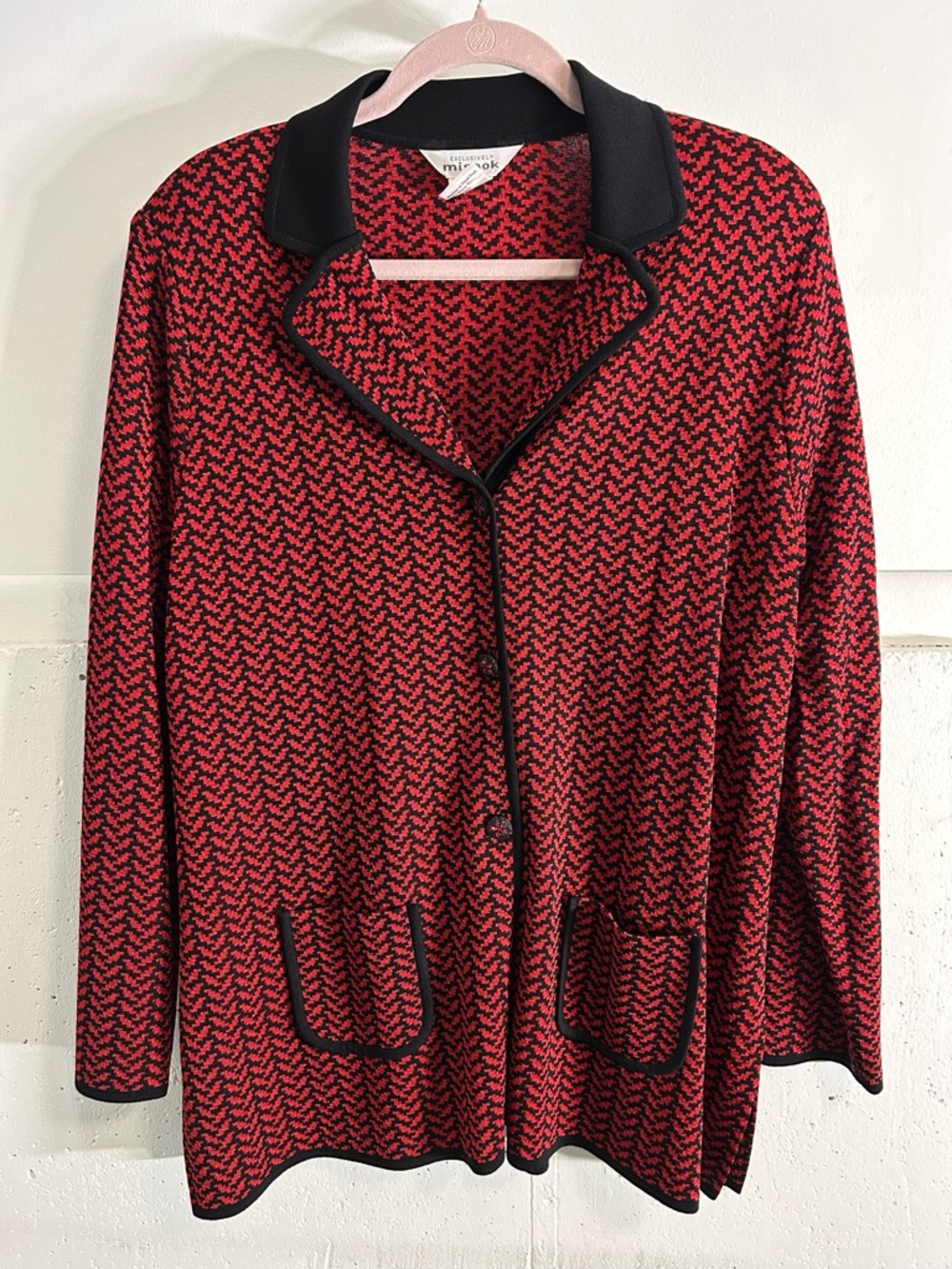 Misook Red & Black Houndstooth Knit Cardigan